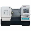 Front view of flat bed CNC lathe machine on white background