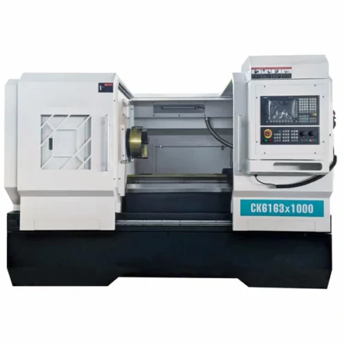 Front view of flat bed CNC lathe machine on white background