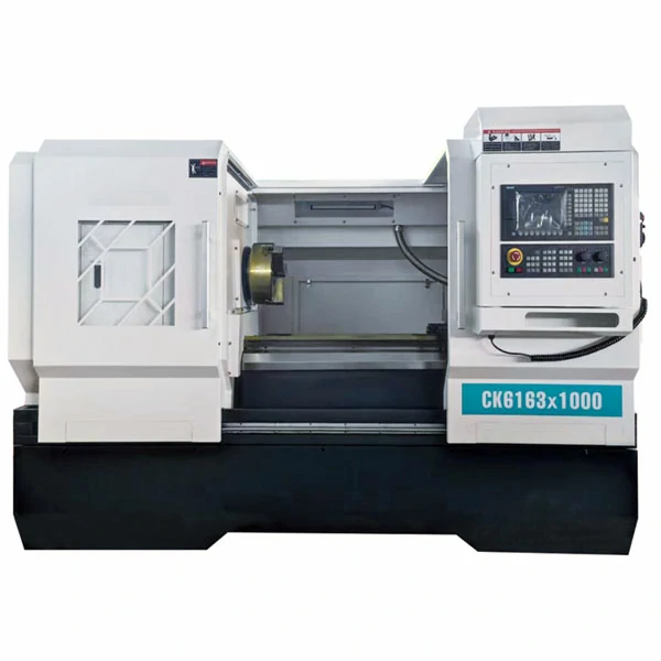 Front view of flat bed CNC lathe machine on white background