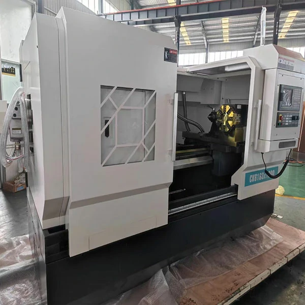 Left side view of flat bed CNC lathe for heavy duty turning operations