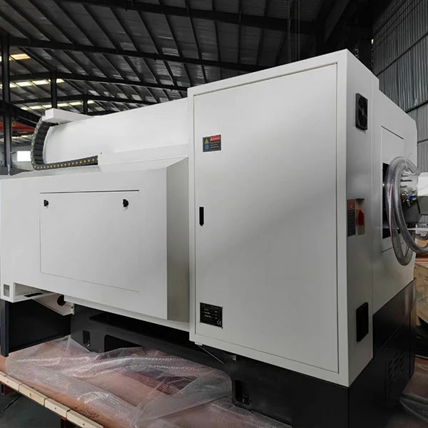 Rear view of flat bed CNC lathe machine with rigid structure