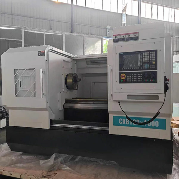 Right side view of flat bed CNC lathe machine with enclosed design