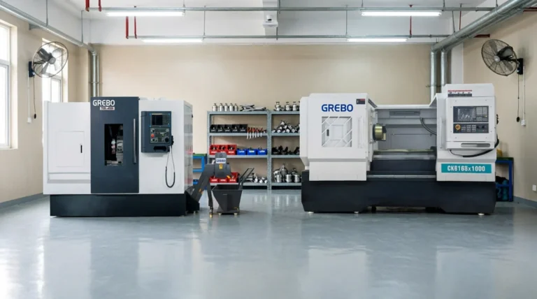 Flat bed vs slant bed CNC lathe machines side by side in workshop