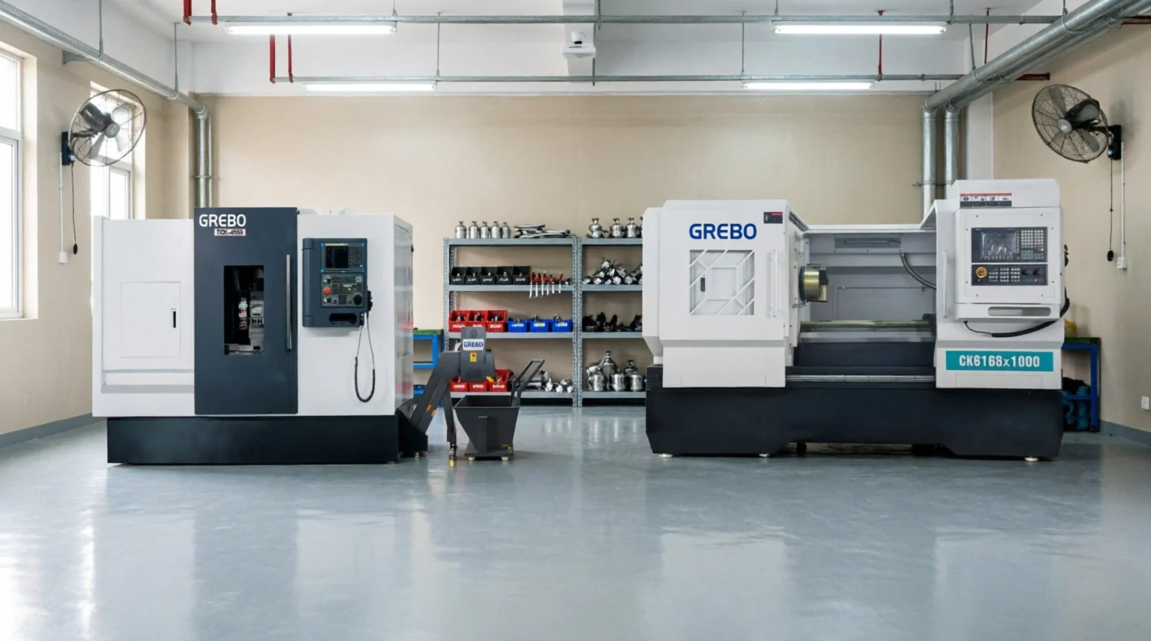 Flat bed vs slant bed CNC lathe machines side by side in workshop