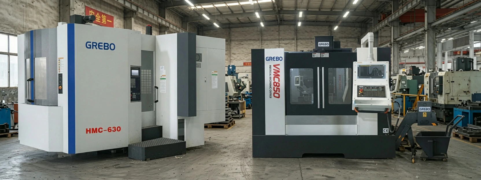CNC machining center manufacturer factory floor with vertical and horizontal machines